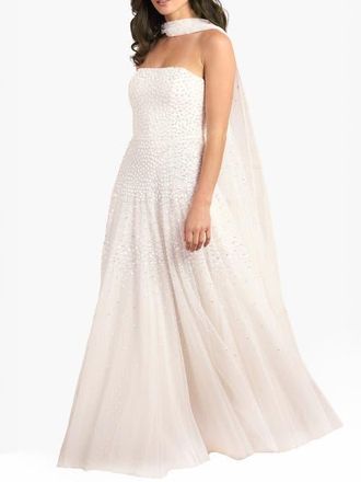 Needle & Thread Sunrise Sequin Strapless Cape Gown in Swan White at Nordstrom, Size 12