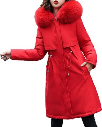 Generic Fleece Lined Parka Women Long Coats Trendy Winter Jackets with Fur Collar Hood Thick Down Jacket Womens Casual Outerwear