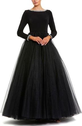 Mac Duggal Petite Embellished Jersey Long Sleeve Ballgown With Tulle Skirt in Black at Nordstrom, Size 14