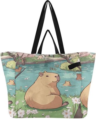 Generic Capybara Blossom Pink pattern Reusable Canvas Tote Bag, Heavy Duty Grocery Shopping Bag with Large Capacity Hard Bottom Double Handles Work Groceries 