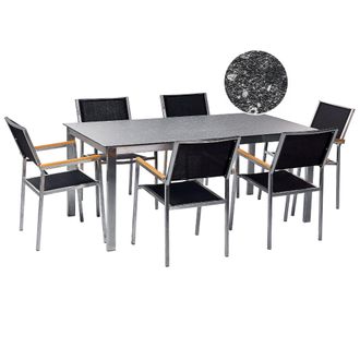 Beliani Conjunto De Jard&iacute;n Moderno 6 Plazas De Acero Inoxidable Mesa Comedor Tablero De Vidrio Sillas De Textileno Efecto Granito Negro Cosoleto
