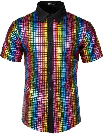 JOGAL Mens Dress Shirt Sequins Button Down Short Sleeve Shirts 70s Disco Party Costume XX-Large Multicolor