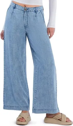 HINT OF BLU Chill Pleated Mid Rise Wide Leg Jeans in Organic Blue at Nordstrom, Size Small