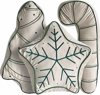Beliani Conjunto De 3 Cojines Decorativos De Terciopelo Motivo Navide&ntilde;o Pan De Jengibre 40 X 40 Cm 60 X 40 Cm 70 X 35 Cm Beige Claro Y Verde Jollytrio