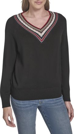 Tommy Hilfiger Womens Solid V-Neck Pullover Tipped Sweater, Black, Small