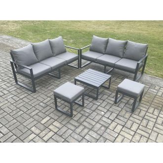 Fimous Aluminium 5 Pieces Garden Furniture Sofa Set with Cushions 8 Seater Outdoor Patio Set with Square Coffee Table 2 Small Footstools Dark Grey - Fimous
