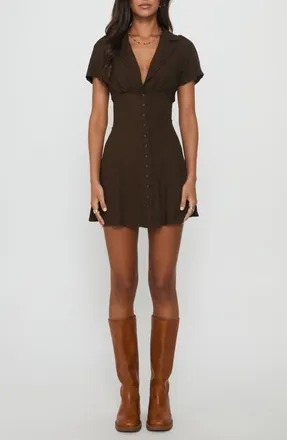Princess Polly Pique Mini Shirtdress in Brown at Nordstrom, Size 8