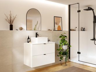 Vente-Unique Mobile per bagno sospeso con scanalature e lavabo da appoggio L80 cm Bianco - ZEVINI