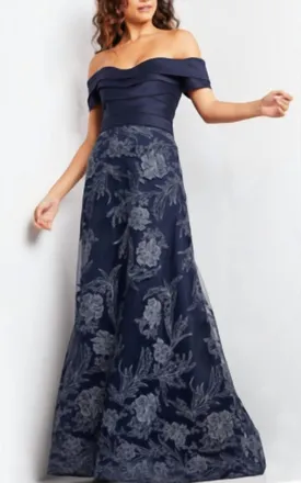 Jovani Off The Shoulder A Line Gown In Navy