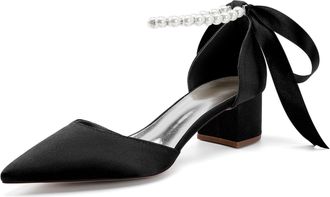 Generic Womens Pointed Toe Wedding Shoes Low Heels Satin Bridal Shoes Chunky Block Heels Comfortable Dance Shoes 4.5Cm,Black,10 UK