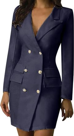 Generic Womens Elegant Dress Business Office Work Outfits Fashion Women Solid Double Breasted Button Ladies Front Style Slim Dress Summer Mid Length Gowns UK 