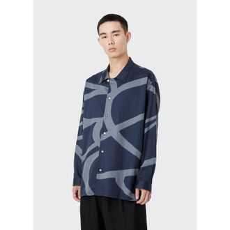 Emporio Armani Mens Abstract Print Long Sleeve Shirt in Blue Multi Cotton - Size X-Large