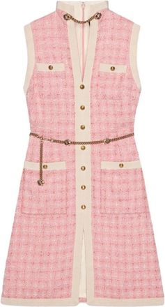 Gucci Korte Tweed Jurk met Kettingriem - Dames - Zomerkleedjes - Roze - 2XS - Tweed - Kleedjes
