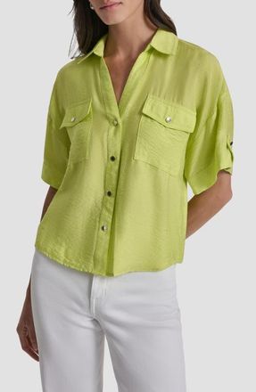 DKNY Short Sleeve Roll Tab Shirt in Limeade at Nordstrom, Size X-Small