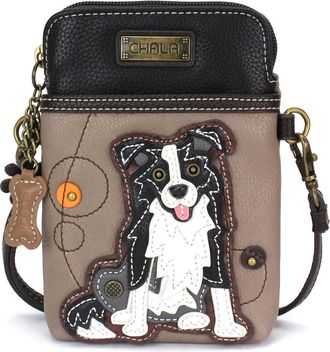 Chala Cell Phone Crossbody Purse-Women PU Leather/Canvas Multicolor Handbag with Adjustable Strap, Border Collie - Warm Gray, One Size