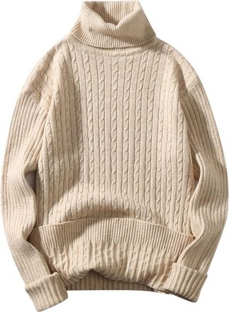 Generic Mens Turtleneck Knitted Jumper Cable Knit Jumpers Thick Knitwear Long Sleeve Roll Neck Knit Sweater Pullovers Fisherman Jumper Autumn Winter Warm Soli
