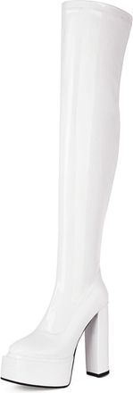 Generic Womens Over-The-Knee Platform Boots Chunky Block Heels Patent Upper Side Zipper Round Toe Bold Silhouette Soft Lining Cushioned Insole Durable Outsole