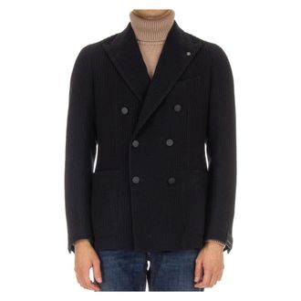 Tagliatore Jassen, Heren, Blauw, S, Wol, Geribbelde wollen double-breasted jas