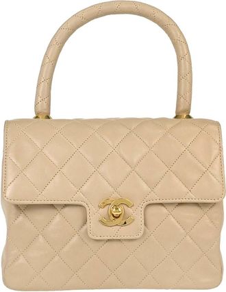 Chanel Cc Top Handle Flap Quilted Lambskin Beige Leather Handbag (Pre-Owned)