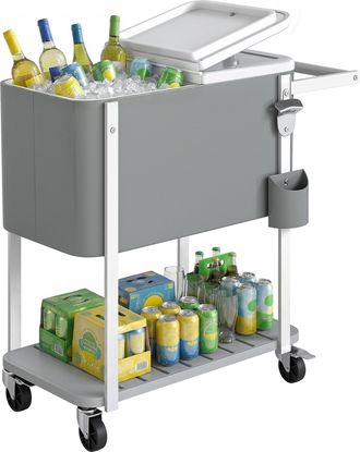 OUTSUNNY Carrito Nevera De 56l Con Ruedas, Carro De Bebidas Con Estante, Abrebotellas, Recogetapas, Drenaje Y Asa, 84x38x83 Cm, Gris