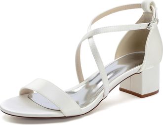 Generic Bridal Chunky Heels Women Wedding Satin Peep Toe Low Heel Sandals Prom Party Dressy Walking Shoes 4.5Cm,Ivory,8 UK