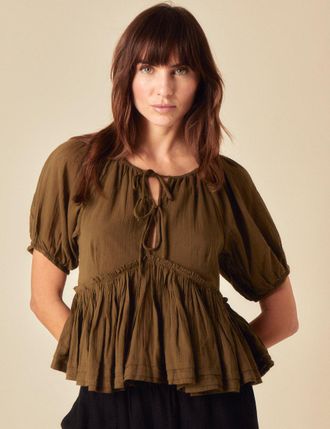 Nobody's Child Khaki Tie Front Peplum Top