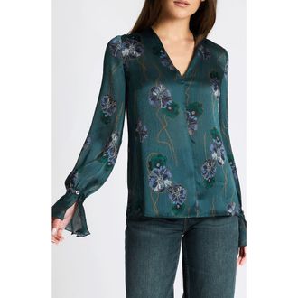Santorelli Rue Long Sleeve Blouse in Crepe Georgette in Steel Teal at Nordstrom, Size 4