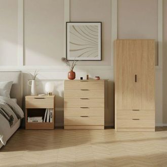 Home Discount Trega 3pc Bedroom Furniture Set - 1 Drawer Bedside, 5 Drawer Chest & 2 Door Wardrobe, Pine
