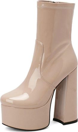 Generic Womens Patent Leather Ankle Boots with Chunky Heel & Side Zipper, Fall and Winter Style,Apricot,7.5 UK