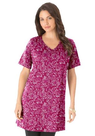 Roaman's Plus Size Ultimate Cotton V-Neck Short Sleeve Tunic in Very Berry Batik at Nordstrom, Size 2X
