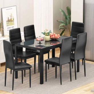 Kosy Koala Black Glass Table set with 6 Black Faux Leather Chairs Home Furniture | Size: 120 cm x 70 cm