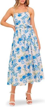 Flying Tomato Tie Waist Fit & Flare Midi Dress in Ivory Blue at Nordstrom Rack, Size Medium