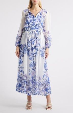 Julia Jordan Placed Print Long Sleeve Maxi Dress in Blue White at Nordstrom Rack, Size X-Small