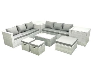 Fimous Garden Outdoor PE Rattan Furniture Set 9 Seater Rattan Garden Sofa Set with 3 Footstools 2 Side Tables Light Grey Mixed