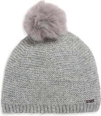 Calvin Klein Mini Sequin Faux Fur Pom Beanie in Heather Mid Gray at Nordstrom Rack