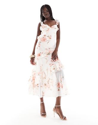 New Look Vestito lungo color crema a fiori con volant-Bianco