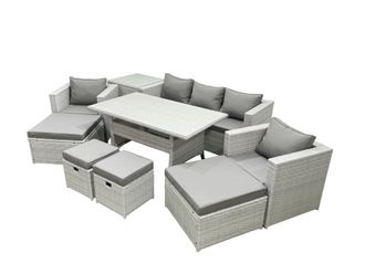 Fimous Rattan Garden Furniture Set Outdoor 9 Seater Patio Dining Sets with Glass Top Dining Table & Side Table Light Grey Mixed