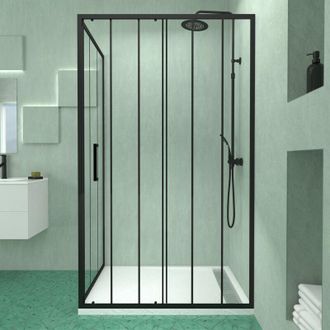 Aurlane Puerta Corredera Y Retorno Con Serigraf&iacute;a Negra 120x90x200 + Plato De Ducha Blanco Efecto Piedra