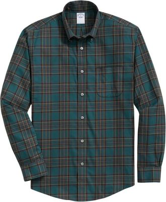 Brooks Brothers Slim Fit Non-Iron Geruite Stretch Twill Overhemd met Button Down Kraag - Heren - Casual Overhemden - Groen - S - Katoen - Overhemden