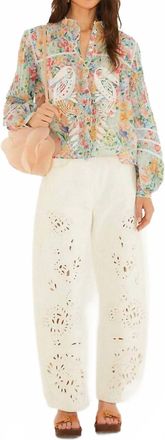 Farm Rio Rendeira Multicolor Cutwork Long Sleeve Blouse
