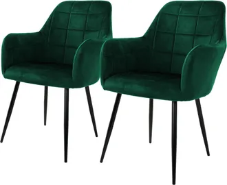 ML Design Ecd Germany Juego De 2 Sillas De Comedor Con Respaldo Y Reposabrazos Verde Oscuro Asiento De Terciopelo Tapizado Sill&oacute;n Con Patas De Metal Negro Muebl