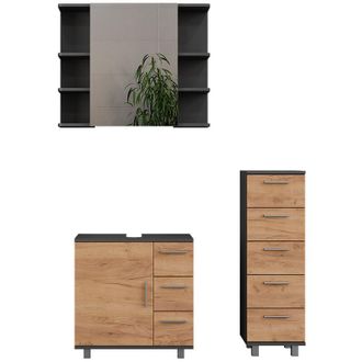 Vicco Conjunto De Muebles De Ba&ntilde;o Ilias, Antracita/roble Dorado, 3 Partes, Con Gabinete Midi, Vicco