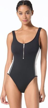 Michael Kors Signature Scuba Zip Front One-Piece Swimsuit in Black at Nordstrom, Size 14