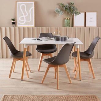 Home Source Industries Home Source - Modern White Kitchen or Dining Table Set 120cm 6 Padded Grey Chairs Wooden Legs