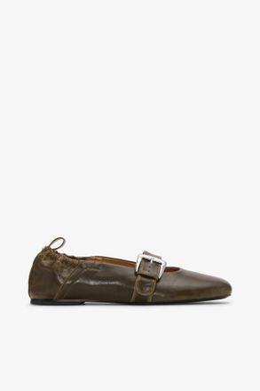 Ganni Green Buckle Strap Ballerinas in Dark-Olive - Size 36 Oleatex&acirc;&cent;