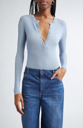 Chlo&eacute; Long Sleeve Wool Rib Henley in Baltic Sea at Nordstrom, Size Large