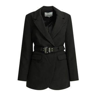 Ganni Geknoopte blazer met ceintuur - Dames - Blazers - Zwart - 2XS - Leer - Jassen