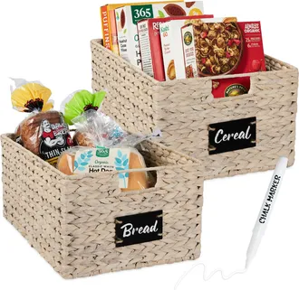 Best Choice Products Set of 2 16in Woven Water Hyacinth Pantry Baskets w/ Chalkboard Label, Chalk Marker