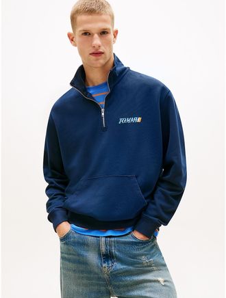 Tommy Hilfiger Mens Tommy Jeans Logo Quarter-Zip Sweatshirt - Navy - XL