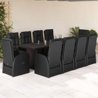 vidaXL Set De Comedor Jard&iacute;n 11 Pzas Con Cojines Rat&aacute;n Sint&eacute;tico Negro